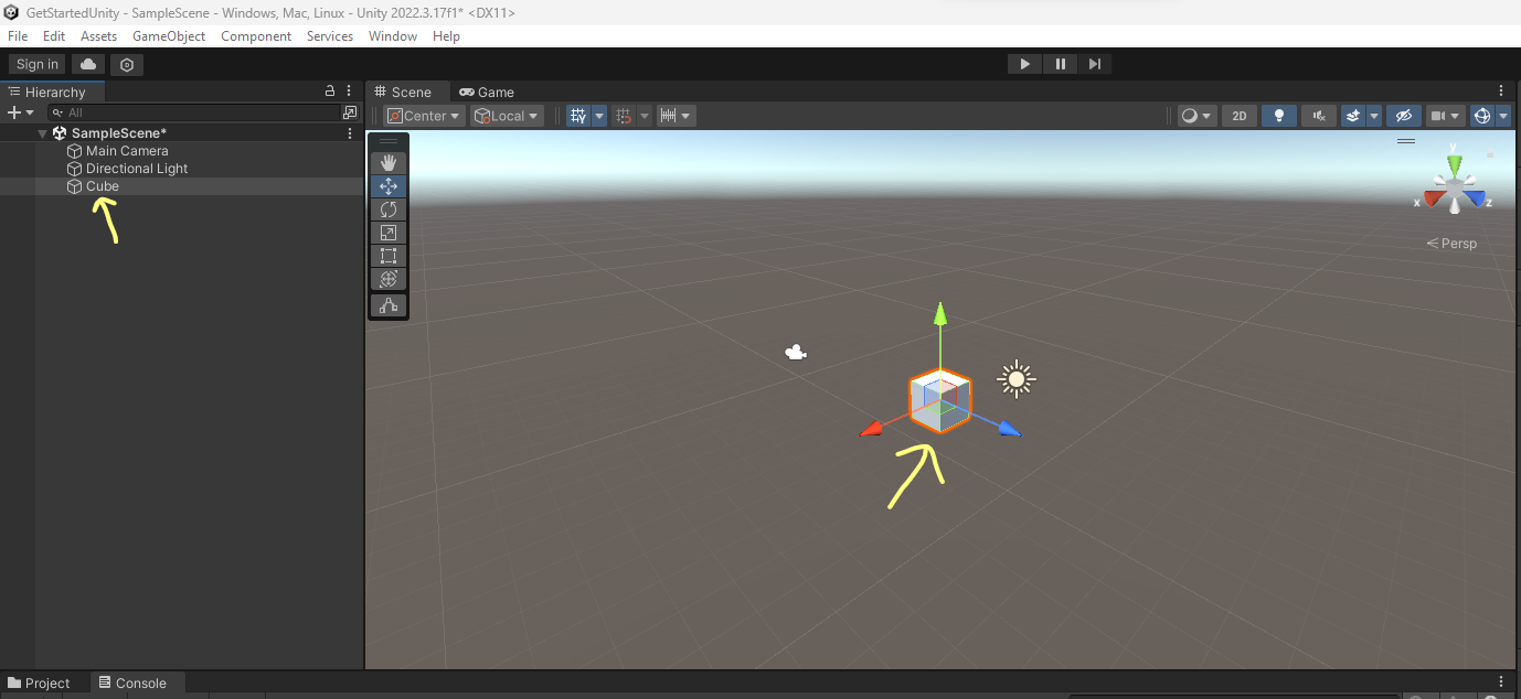 Cube in hierarchy and scene panel