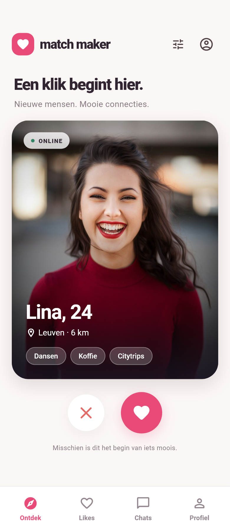 Finished Match Maker app on a phone-sized screen, showing Lina's profile, action buttons and bottom navigation