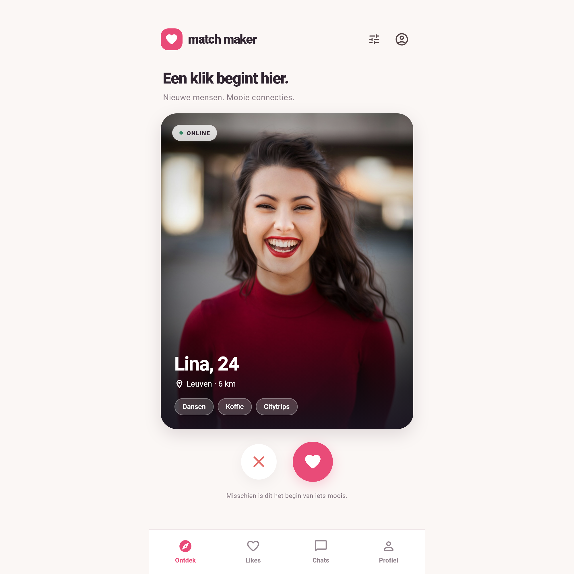 Finished Match Maker app in a wide window with a centred profile and constrained content width