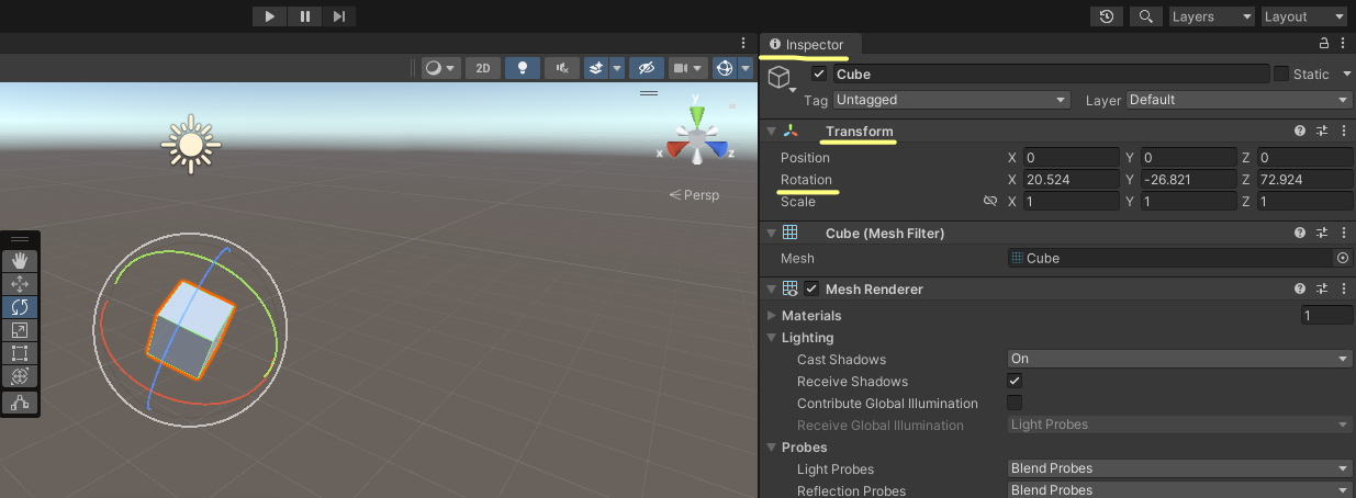 Inspector Transform Properties (Rotate)