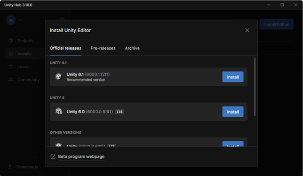 Unity installation